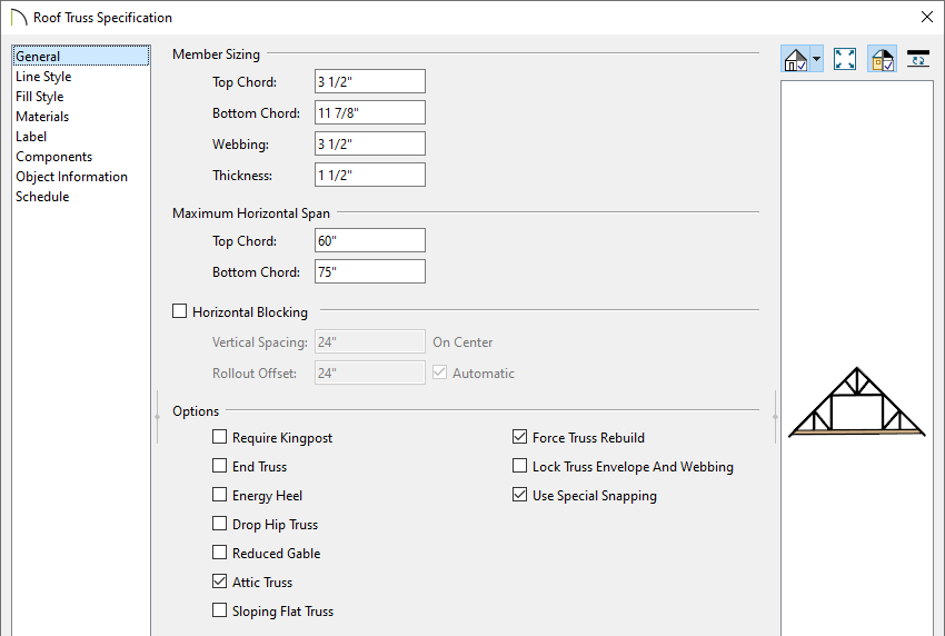Roof Truss Specification dialog open to the General panel with specifications for the bottom chord depth and the options for Attic Truss and Force Truss Rebuild enabled.