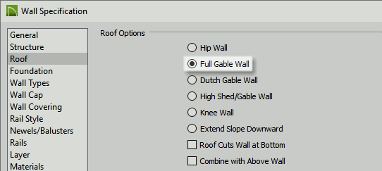 Wall Specification dialog opened to the Roof panel