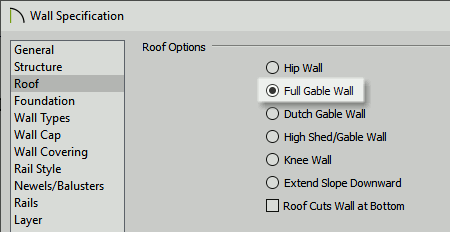 Wall Specification dialog opened to the Roof panel with the Full Gable Wall option selected.