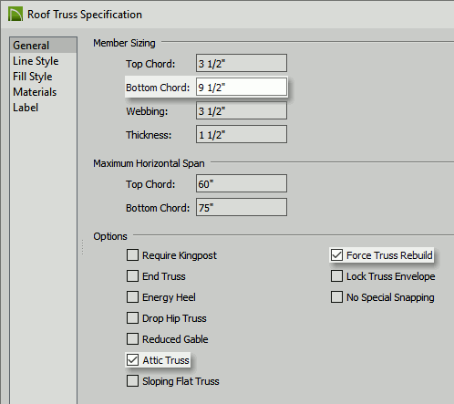 Roof Truss Specification dialog