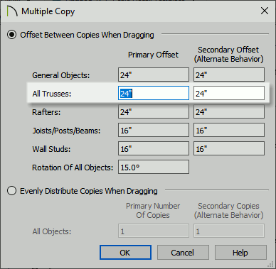Multiple Copy settings dialog showing the offset distance for trusses.