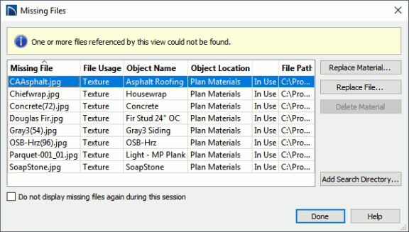 Missing files dialog box.