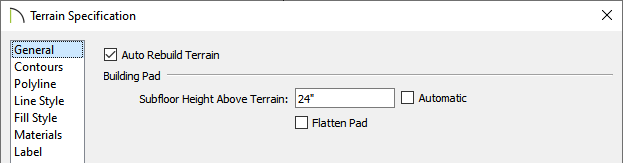 General panel of the Terrain Specification dialog