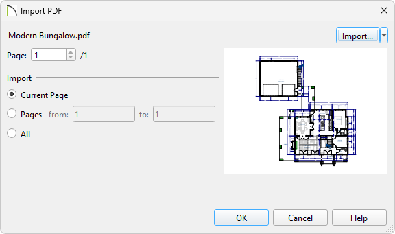 Import PDF dialog where a preview is displayed