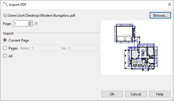 Import PDF dialog where a preview is displayed