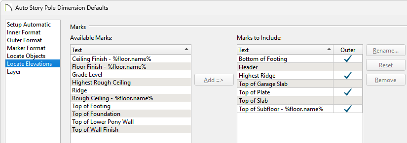The Locate Elevations panel of the Auto Story Pole Dimension Defaults.