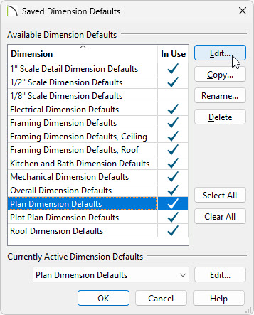 In the Saved Dimension Defaults dialog select your dimension default and click Edit.