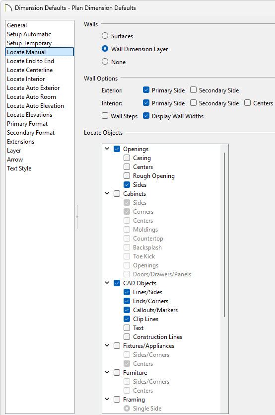 Select the various Locate panels on the left to edit your dimension tools.