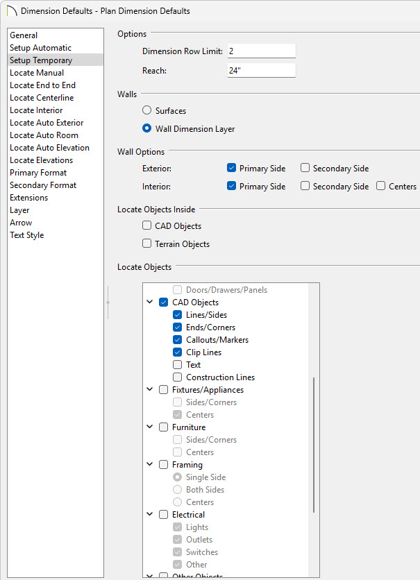On the Setup Temporary panel edit how your temporary dimensions function.
