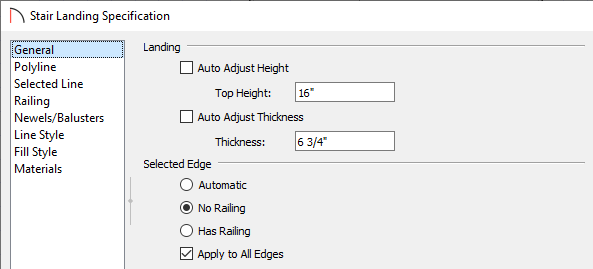 Stair Landing Specification dialog where landing properties can be changed