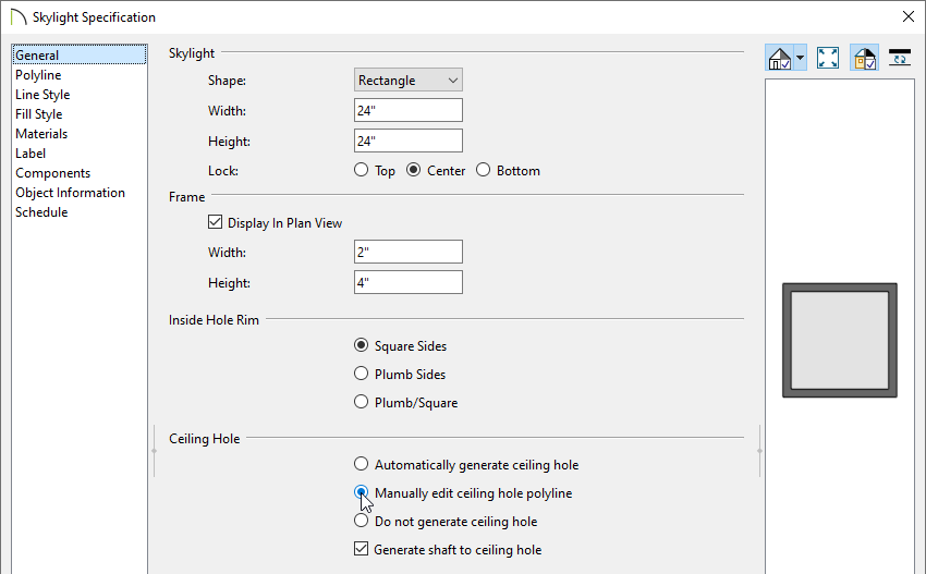 Roof Hole/Skylight Specification dialog