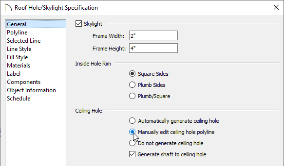 Roof Hole/Skylight Specification dialog
