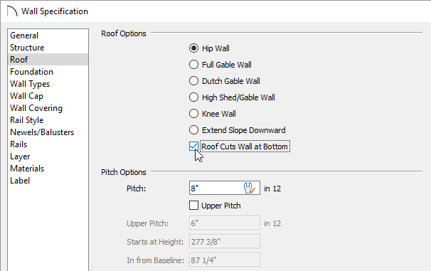 Wall Specification Roof Option Wall specification check roof cuts wall at bottom