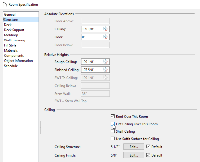 Unchecking Flat Ceiling Over This Room on the Structure panel of the Room Specification dialog