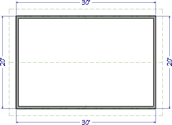 Floor plan view of a 20'x 30' structure with a gable roof