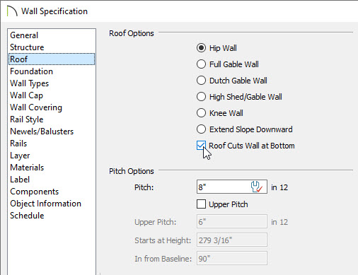 Check the ROof Cuts Wall at Bottom box on the Roof panel of the Wall Specification dialog