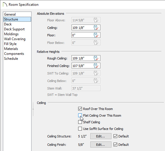 Unchecking Flat Ceiling Over This Room on the Structure panel of the Room Specification dialog