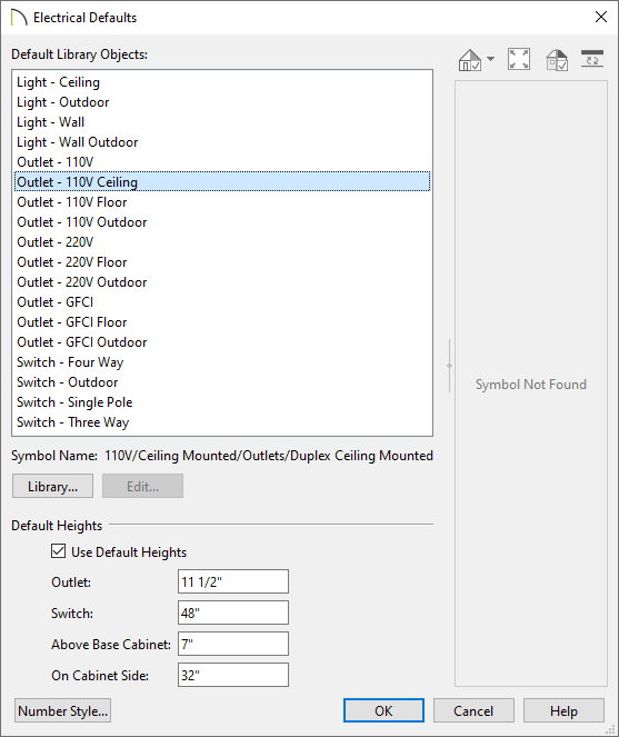 Electrical Defaults dialog with a Default Library Object that cannot be found