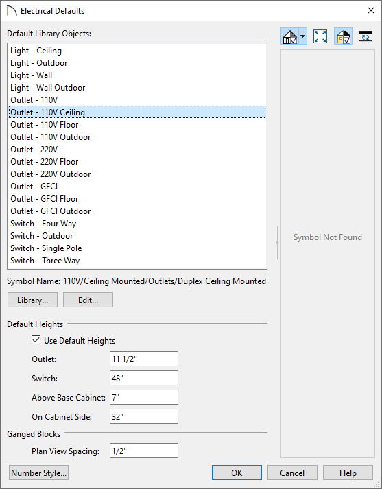 Electrical Defaults dialog with a Default Library Object that cannot be found