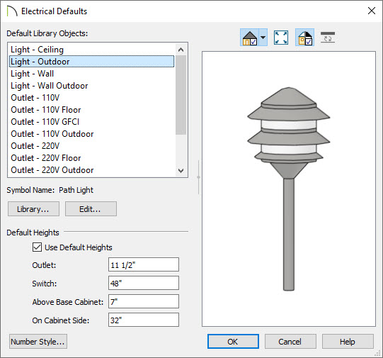 Electrical Default dialog box