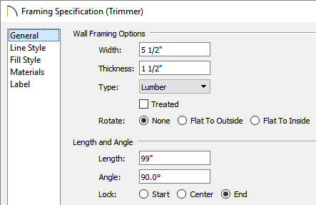Length is specified and the Lock is set to End on the General panel of the Framing Specification (Trimmer) dialog