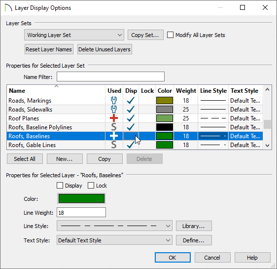 Layer Display Options dialog with the "Roofs, Baselines" layer not displayed.