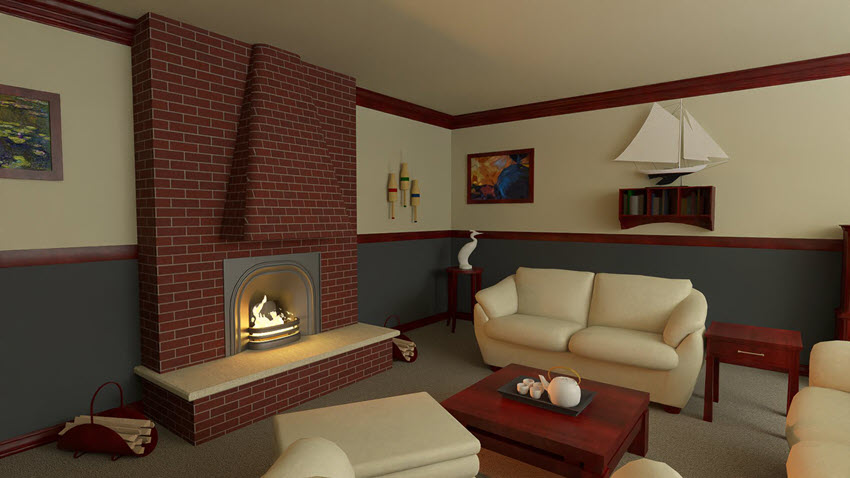 3D camera view of the fireplace using the Physically Based rendering technique