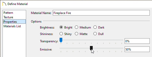 Properties panel of the Define Material dialog