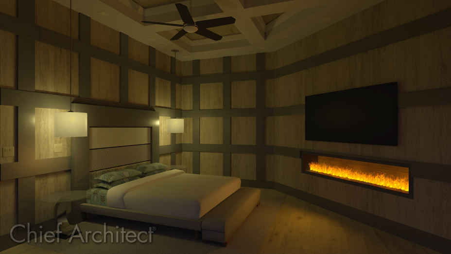 Physically Based 3D camera view of a fireplace located in a bedroom Realistic fire effects from a fireplace