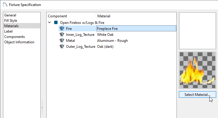 Fire component selected in the Fixture Specification dialog