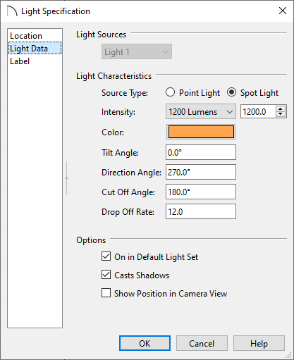 Light Data panel of the Light Specification dialog