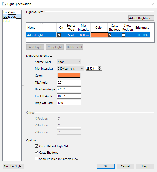 Light Data panel of the Light Specification dialog