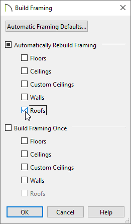 Check the Roofs box in the Build Framing dialog