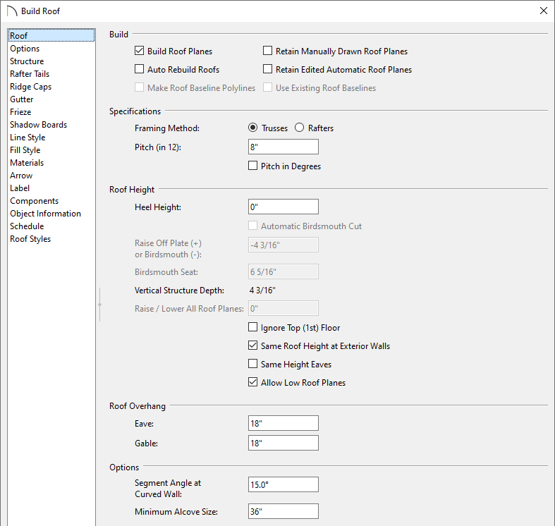 Specifying the roof settings and building the roof