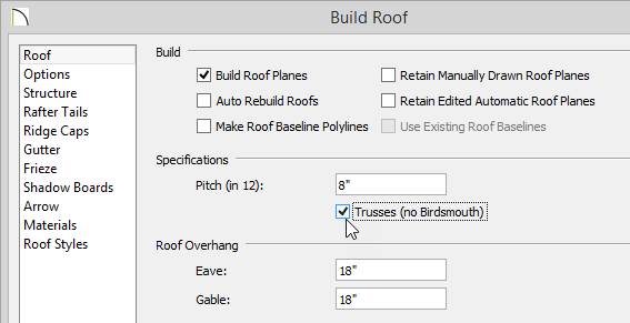 Build Roof Build Roof dialog with Build Roof Planes and Trusses selected