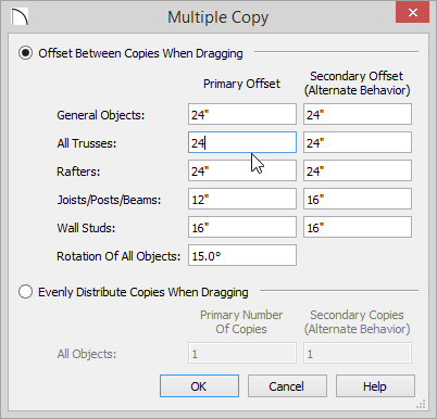 Multiple Copy - Primary Offset settings Multiple Copy dialog with 24 inches set for All Trusses Primary Offset