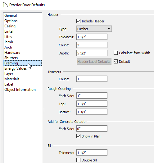 Framing Settings for Exterior Door Defaults Exterior door default framing settings