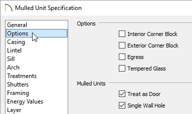 Options for Mulled Unit Specifications Mulled unit specification options