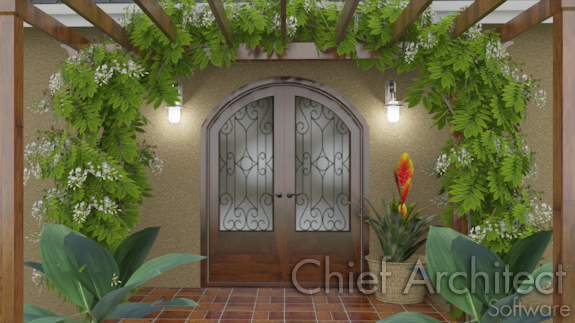 A view of a lanai patio with an arched doorway. lanai patio with arched doorway