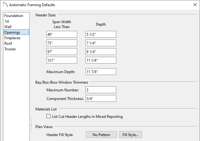 Openings panel of the Framing Defaults dialog