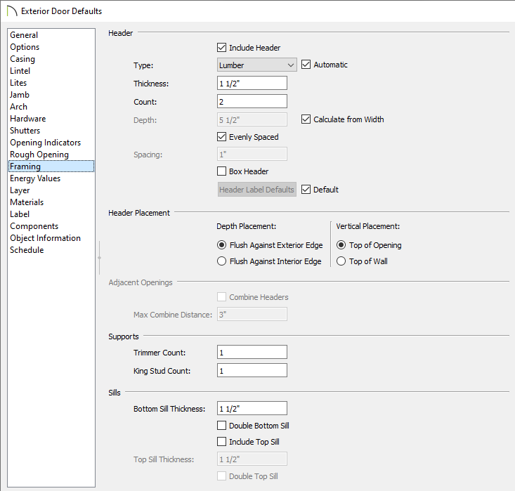 Exterior Door Defaults dialog in the Framing panel