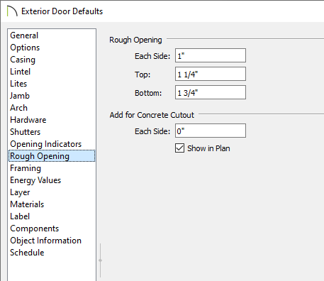 Exterior Door Defaults on the Rough Opening panel