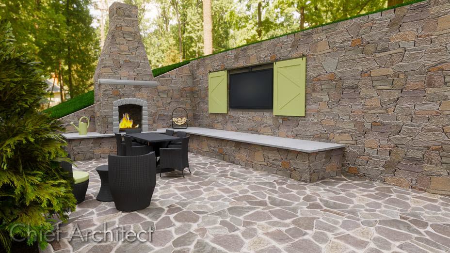 Outdoor kitchen with retaining wall. Outdoor fireplace against retaining wall with seating