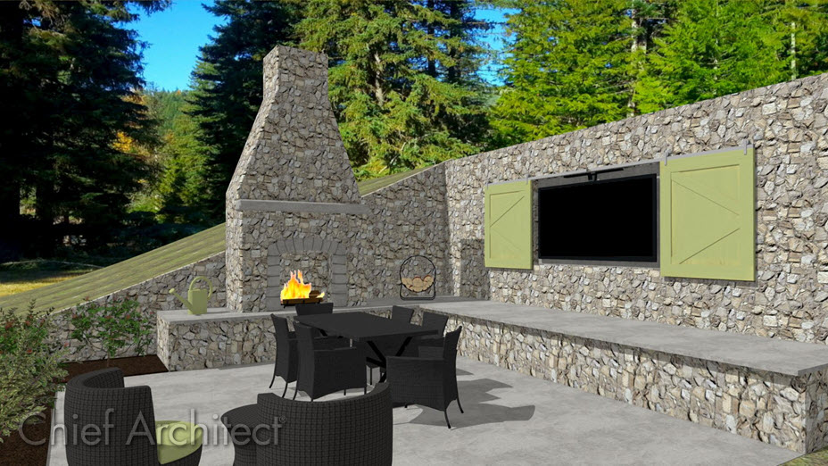 Outdoor fireplace against retaining wall with seating