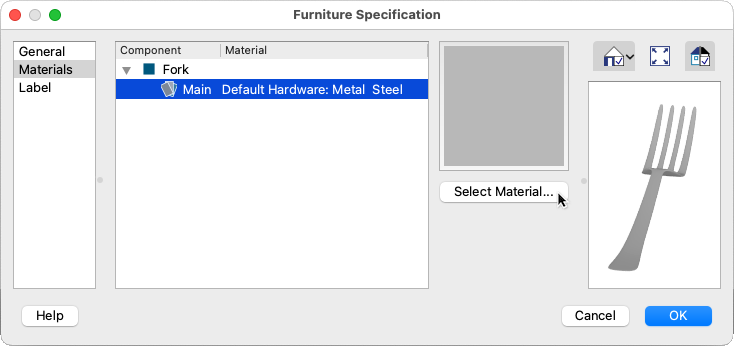 Materials panel of Furniture Specification dialog