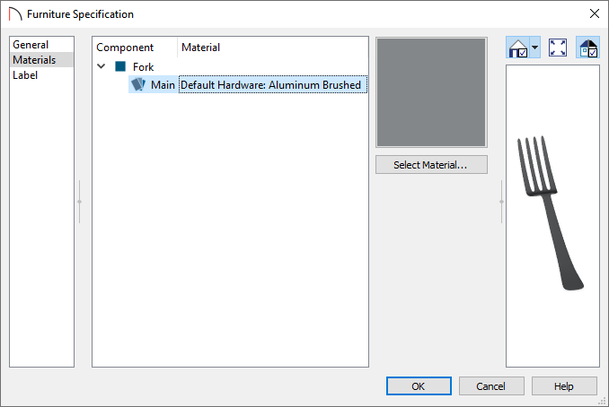 Materials Panel in the Furniture Specification Dialog Box