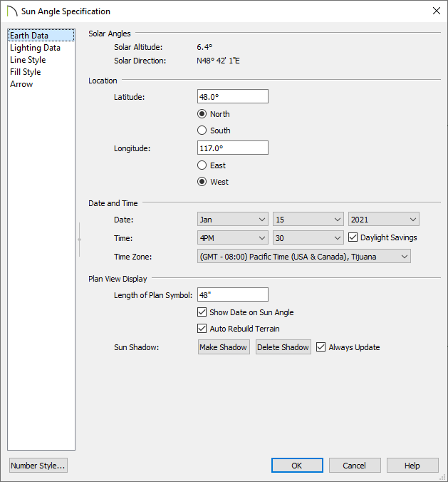 Specify Sun Angle Properties in the Sun Angle Specification dialog