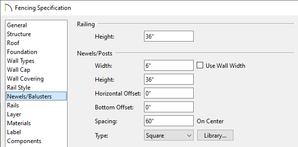 Adjust properties on the Newels/Balusters panel of the Fencing Specification diaog