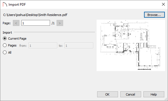 Import PDF dialog appears after selecting a PDF and clicking Open.