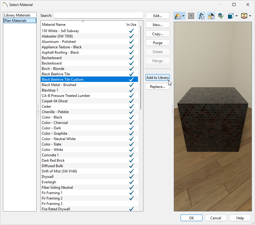 Selecting the Add to Library button for a customized material